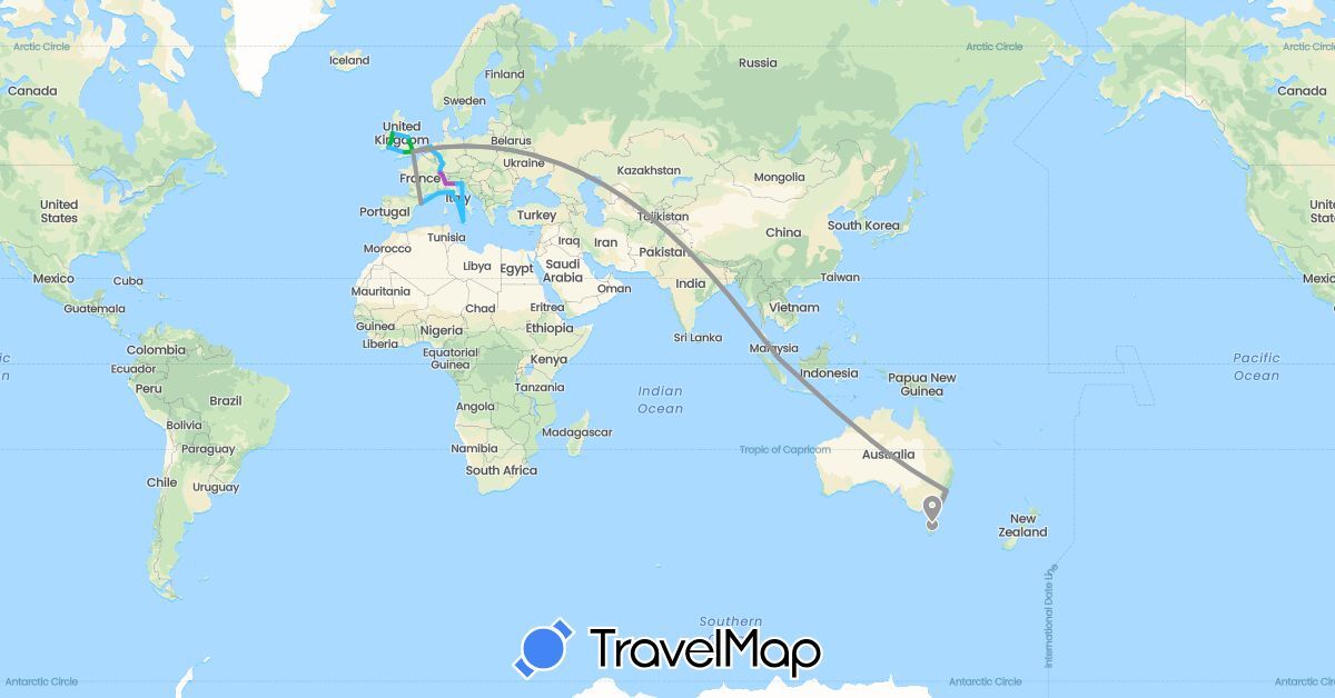 TravelMap itinerary: driving, bus, plane, train, boat in Australia, Switzerland, Germany, Spain, France, United Kingdom, Ireland, Italy, Netherlands, Singapore, Slovenia (Asia, Europe, Oceania)